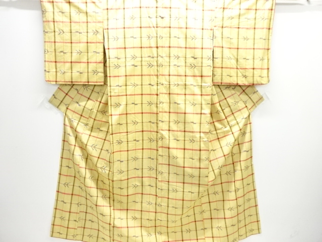 格子に絣柄織り出し手織り紬着物